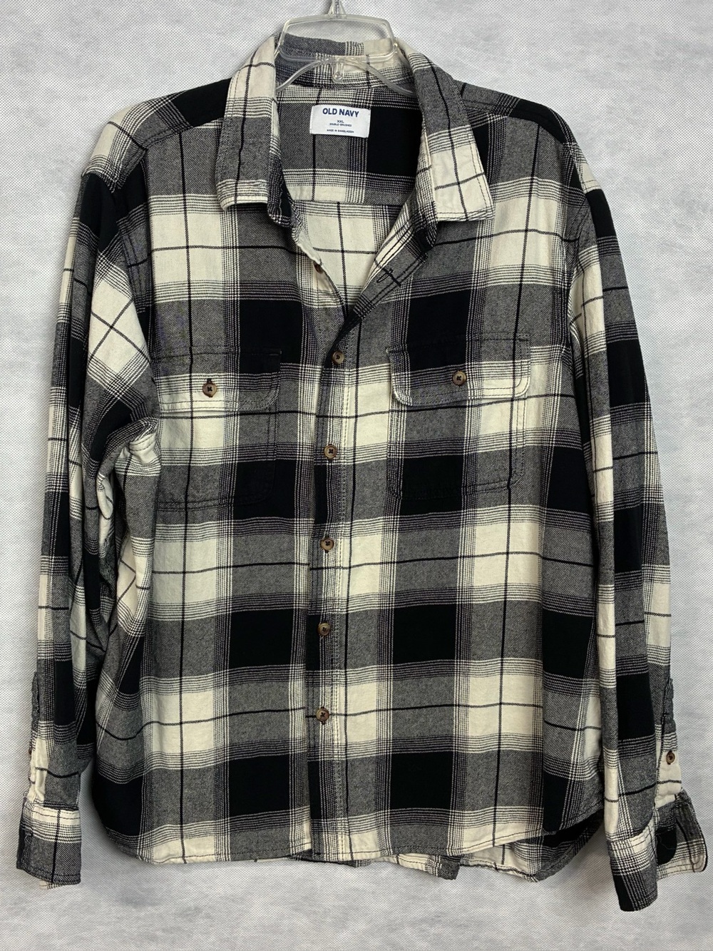 Old Navy Double Brushed Flannel Shirt Men’s XXL Plaid 100% Cotton Black White